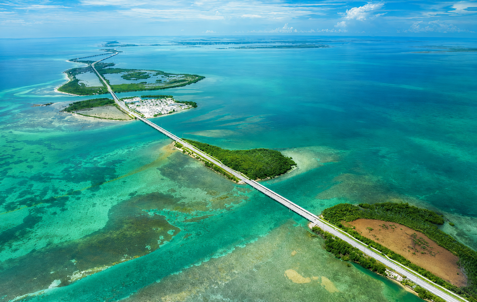 Aerial view of the Florida Keys flats and Overseas Highway